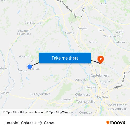 Lareole - Château to Cépet map
