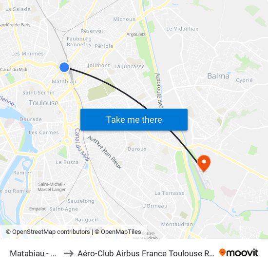 Matabiau - Raynal to Aéro-Club Airbus France Toulouse René Barbaro map