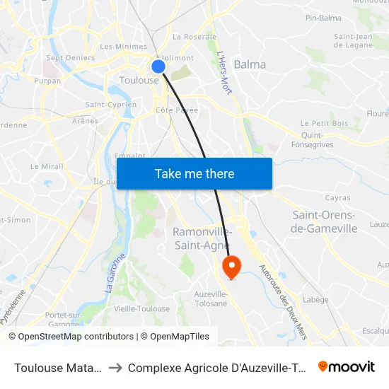 Toulouse Matabiau to Complexe Agricole D'Auzeville-Tolosane map