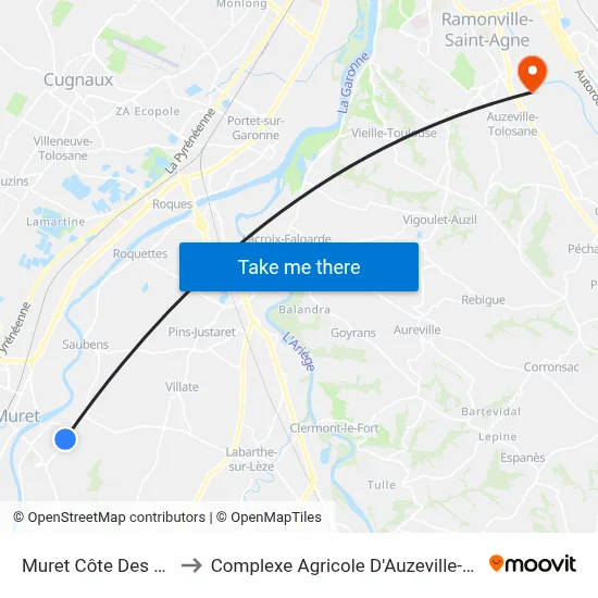 Muret Côte Des Bènes to Complexe Agricole D'Auzeville-Tolosane map