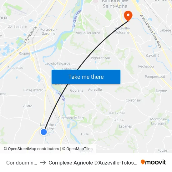 Condoumines to Complexe Agricole D'Auzeville-Tolosane map