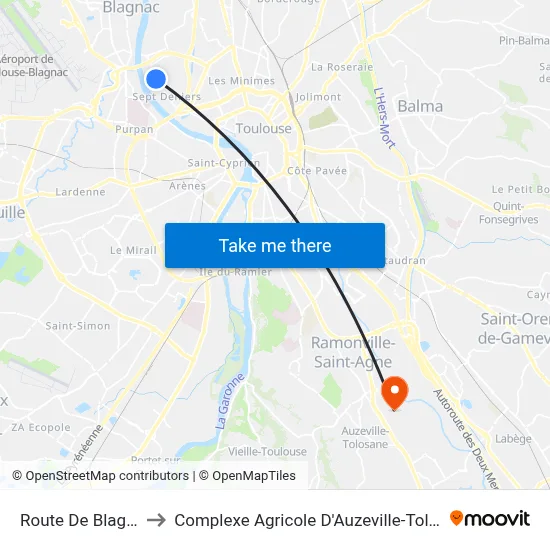 Route De Blagnac to Complexe Agricole D'Auzeville-Tolosane map