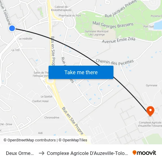 Deux Ormeaux to Complexe Agricole D'Auzeville-Tolosane map