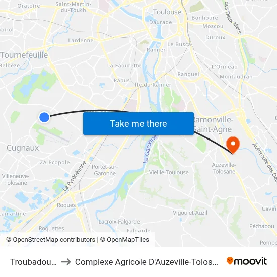 Troubadours to Complexe Agricole D'Auzeville-Tolosane map