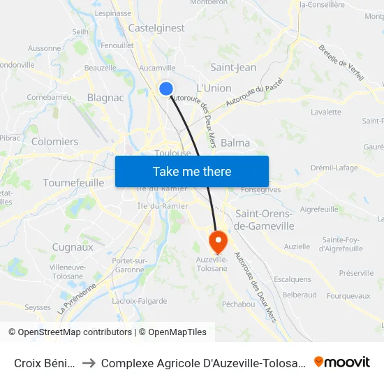 Croix Bénite to Complexe Agricole D'Auzeville-Tolosane map