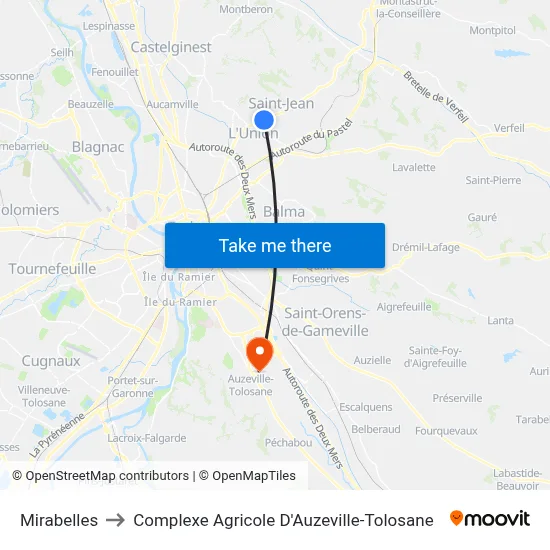 Mirabelles to Complexe Agricole D'Auzeville-Tolosane map