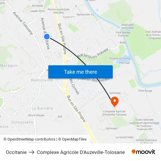 Occitanie to Complexe Agricole D'Auzeville-Tolosane map