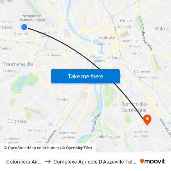 Colomiers Airbus to Complexe Agricole D'Auzeville-Tolosane map