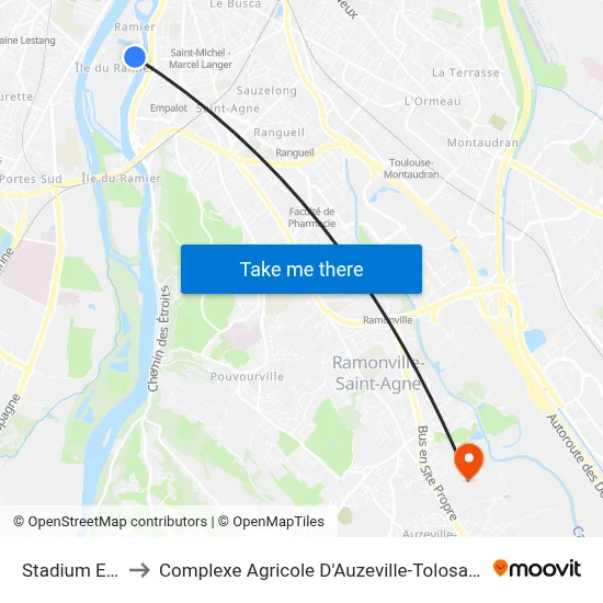 Stadium Est to Complexe Agricole D'Auzeville-Tolosane map