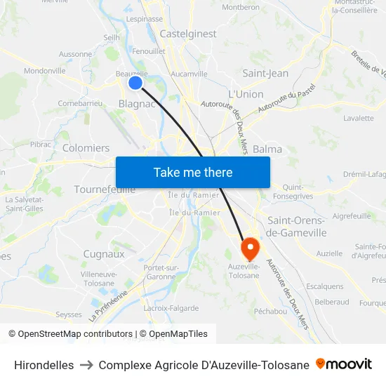 Hirondelles to Complexe Agricole D'Auzeville-Tolosane map