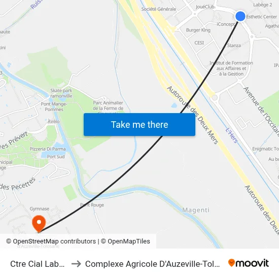 Ctre Cial Labège to Complexe Agricole D'Auzeville-Tolosane map