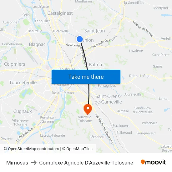Mimosas to Complexe Agricole D'Auzeville-Tolosane map