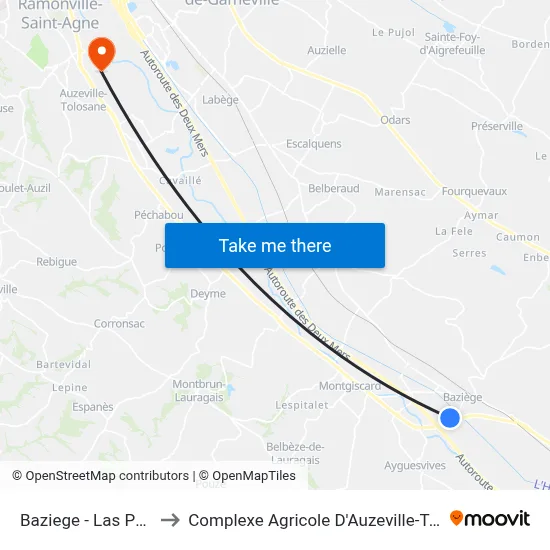 Baziege - Las Puntos to Complexe Agricole D'Auzeville-Tolosane map