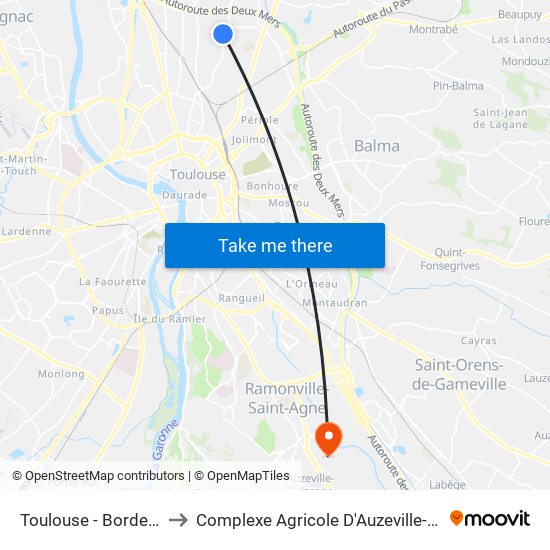 Toulouse - Borderouge to Complexe Agricole D'Auzeville-Tolosane map