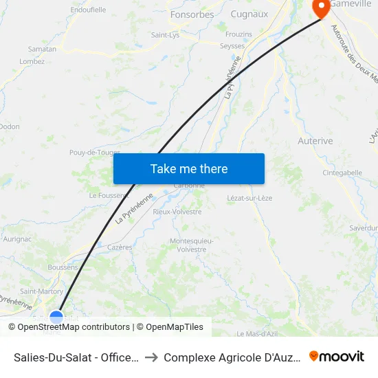 Salies-Du-Salat - Office Du Tourisme to Complexe Agricole D'Auzeville-Tolosane map