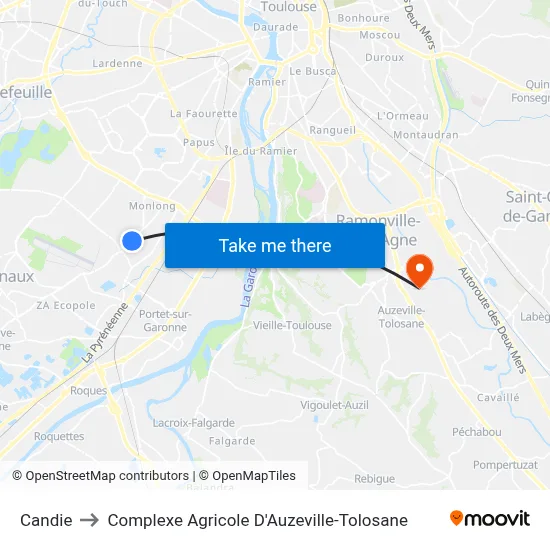 Candie to Complexe Agricole D'Auzeville-Tolosane map