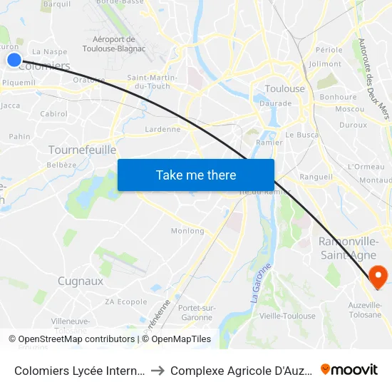 Colomiers Lycée International - Gare to Complexe Agricole D'Auzeville-Tolosane map