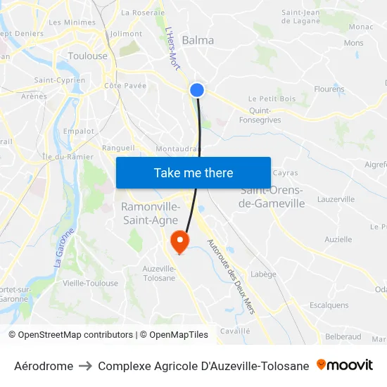 Aérodrome to Complexe Agricole D'Auzeville-Tolosane map