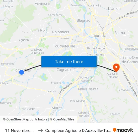 11 Novembre 1918 to Complexe Agricole D'Auzeville-Tolosane map