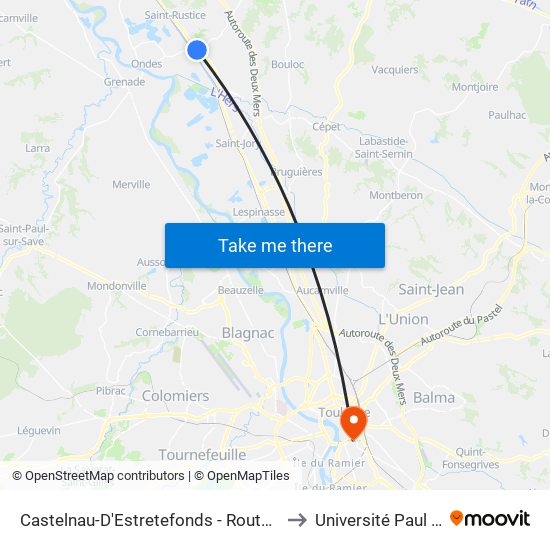 Castelnau-D'Estretefonds - Route D'Ondes - Gare to Université Paul Sabatier map