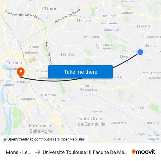 Mons - Les Laques to Université Toulouse III Faculté De Médecine Toulouse Purpan map
