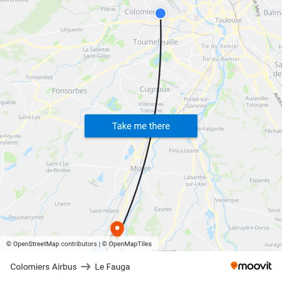 Colomiers Airbus to Le Fauga map