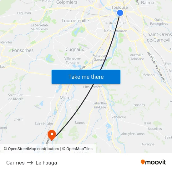 Carmes to Le Fauga map