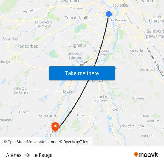 Arènes to Le Fauga map
