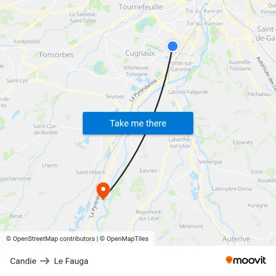 Candie to Le Fauga map