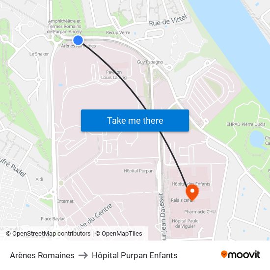 Arènes Romaines to Hôpital Purpan Enfants map