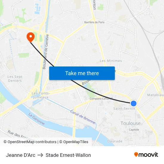 Jeanne D'Arc to Stade Ernest-Wallon map