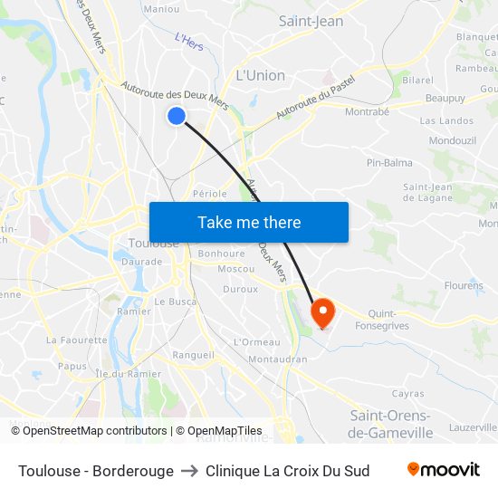 Toulouse - Borderouge to Clinique La Croix Du Sud map