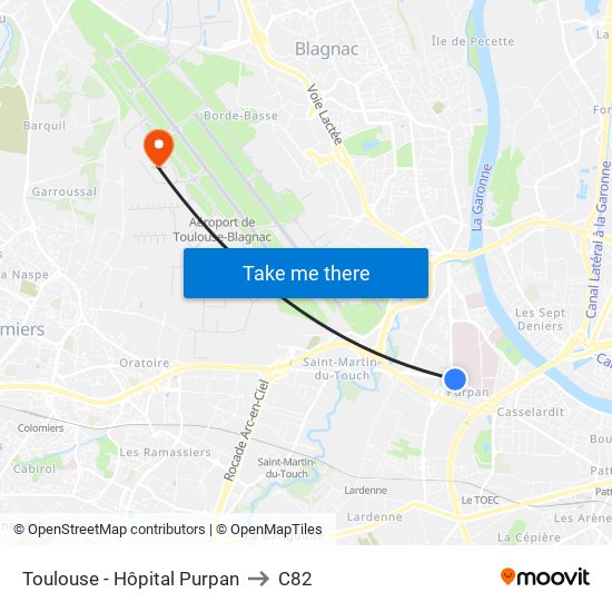 Toulouse - Hôpital Purpan to C82 map
