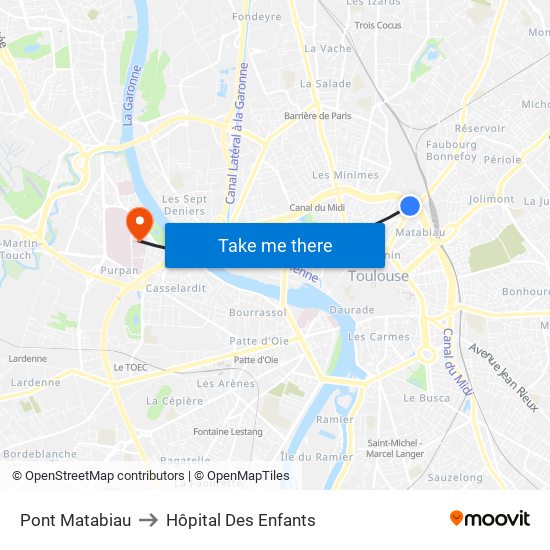 Pont Matabiau to Hôpital Des Enfants map