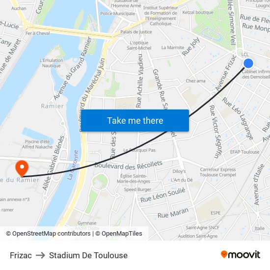 Frizac to Stadium De Toulouse map