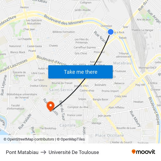 Pont Matabiau to Université De Toulouse map