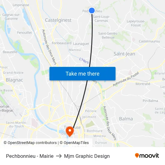 Pechbonnieu - Mairie to Mjm Graphic Design map