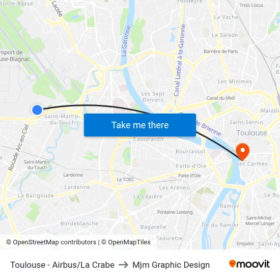Toulouse - Airbus/La Crabe to Mjm Graphic Design map