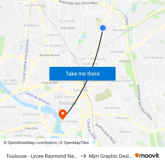 Toulouse - Lycee Raymond Naves to Mjm Graphic Design map