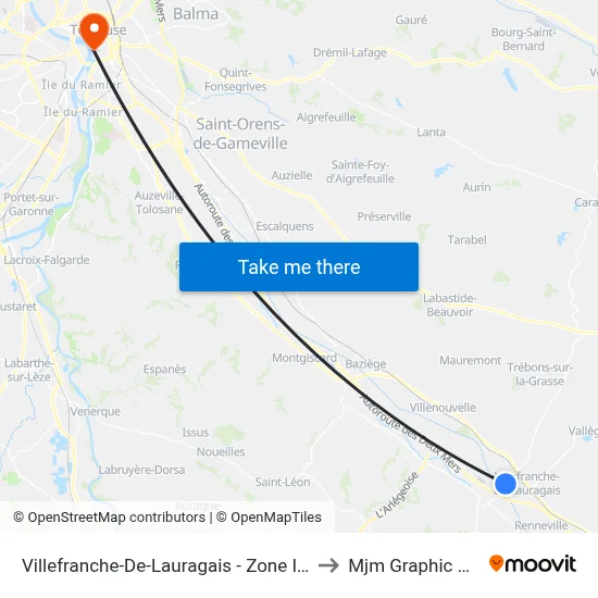 Villefranche-De-Lauragais - Zone Industrielle to Mjm Graphic Design map