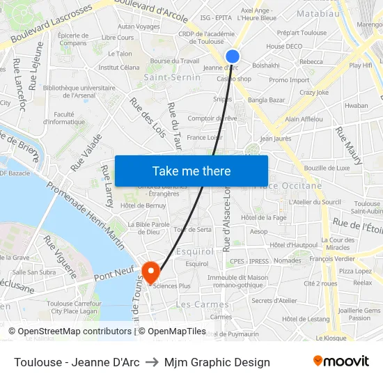 Toulouse - Jeanne D'Arc to Mjm Graphic Design map