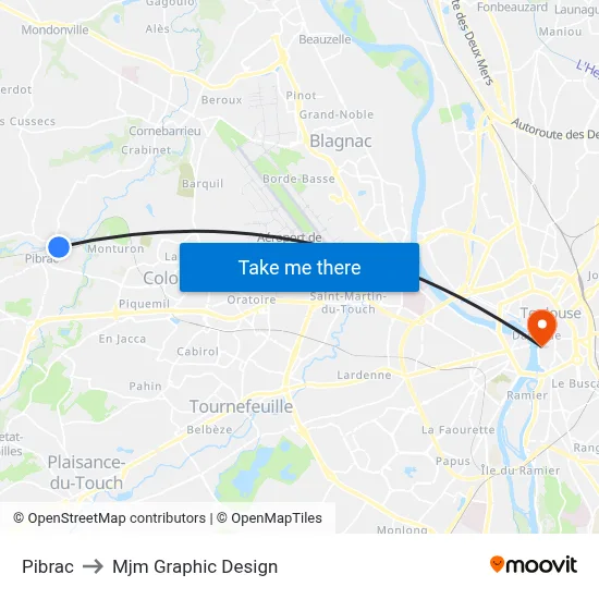 Pibrac to Mjm Graphic Design map