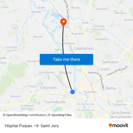 Hôpital Purpan to Saint Jory map