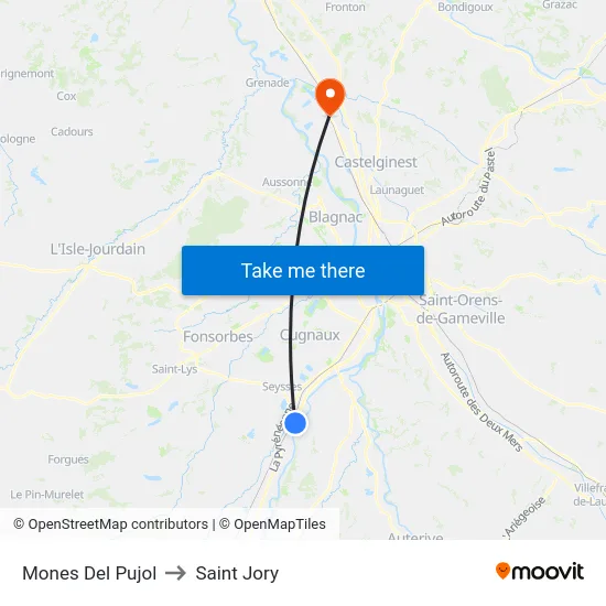 Mones Del Pujol to Saint Jory map