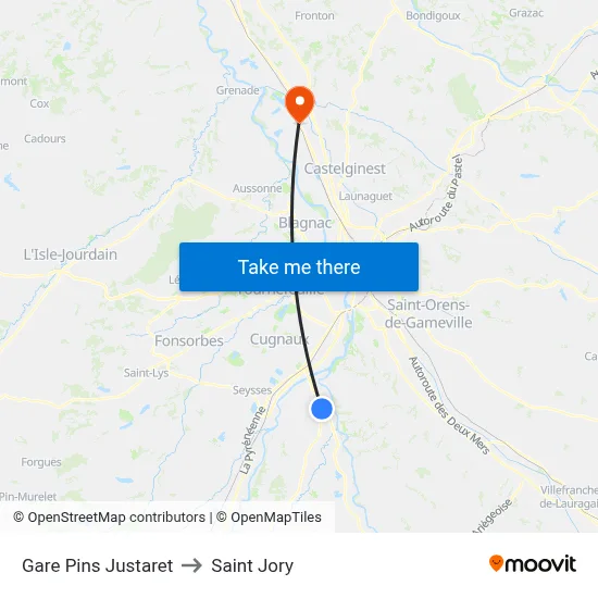 Gare Pins Justaret to Saint Jory map