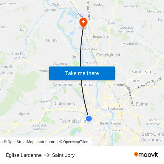 Église Lardenne to Saint Jory map