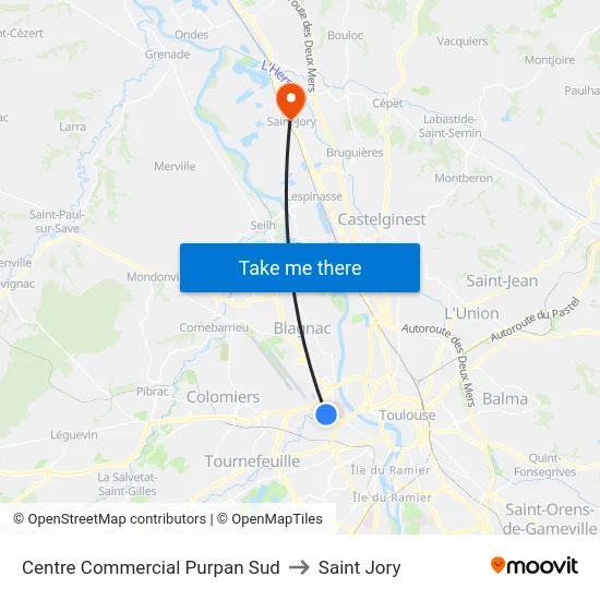 Centre Commercial Purpan Sud to Saint Jory map