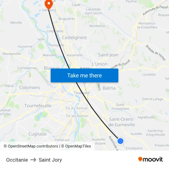 Occitanie to Saint Jory map