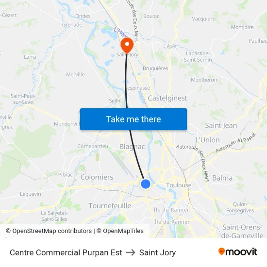 Centre Commercial Purpan Est to Saint Jory map