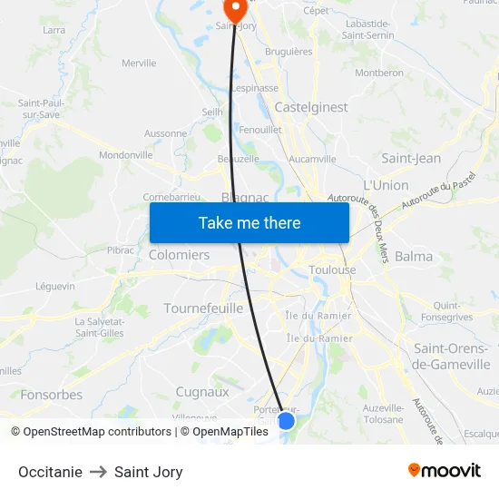 Occitanie to Saint Jory map